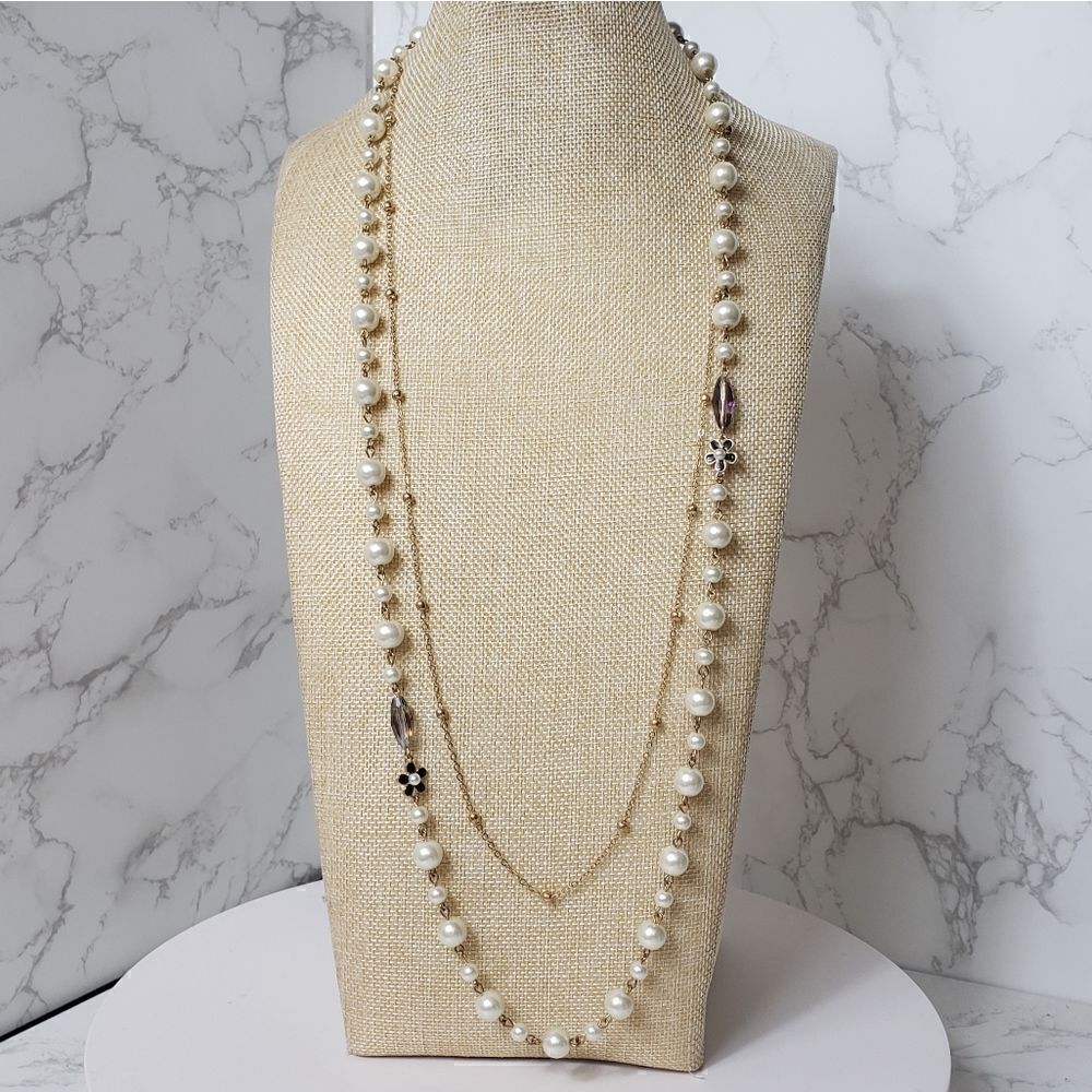 LONG Multi-strand Necklace Faux Pearls Florals Goldtone Chain